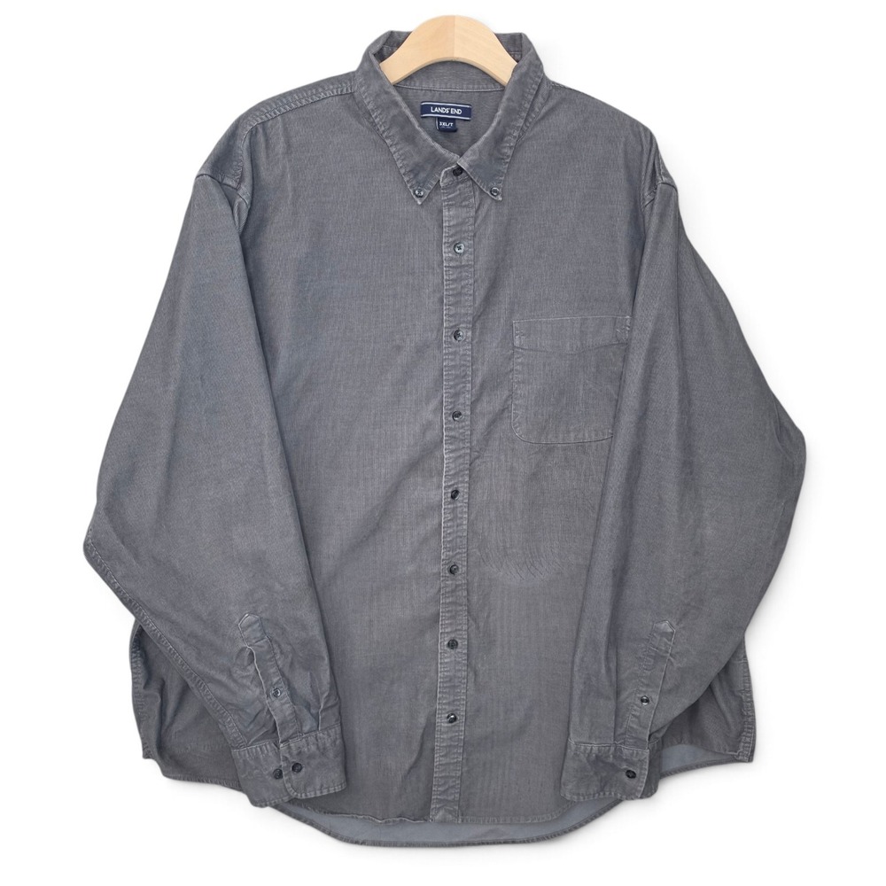 Lands End Shirt Mens 3XLT 19-19.5 Gray Corduroy Button Down Big & Tall Pocket